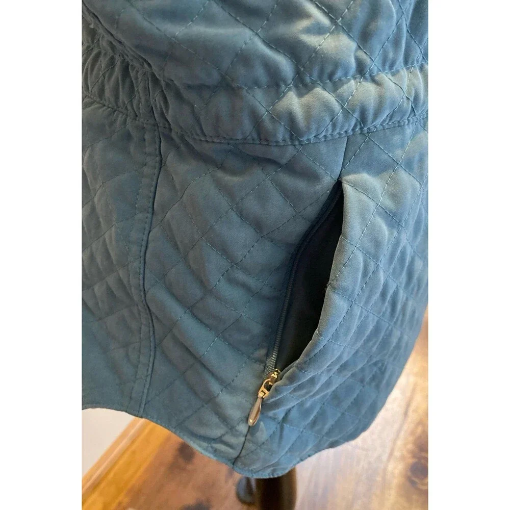 Talbots Vest Quilted Lined Size Medium Steel Blue Full Zipper Pockets Drawstring
